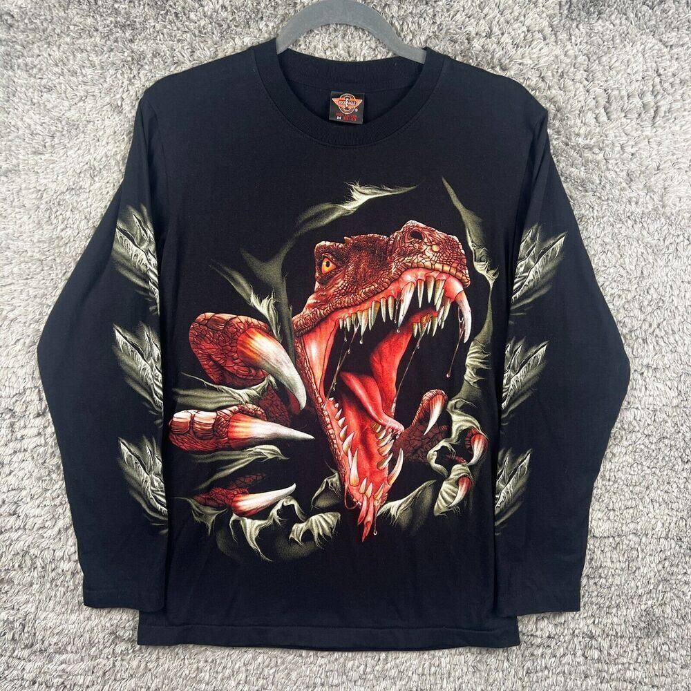 Vintage Rock Eagle Velociraptor Shirt Medium Long Sleeve Dinosaur AOP